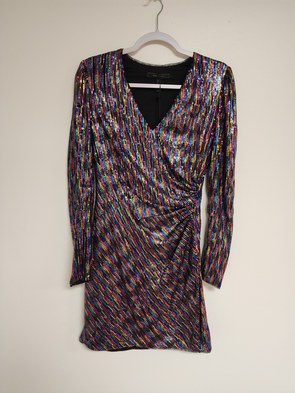 BCBGMaxAzria Multicolor Sequin Wrap-Front Long Sleeve Dress